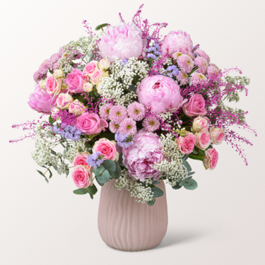 Premiumstrauß Blütenzauber mit Premiumvase & Ferrero Giotto 3er