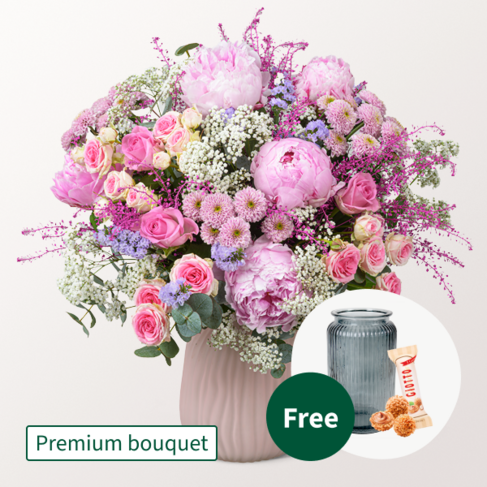 Premium Bouquet Blütenzauber mit Premium Vase & 3 Ferrero Giotto