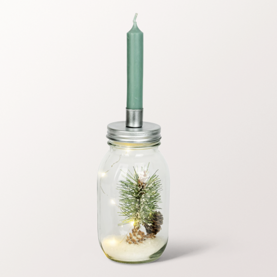 Winterliches Dekoglas mit Kerzenhalter