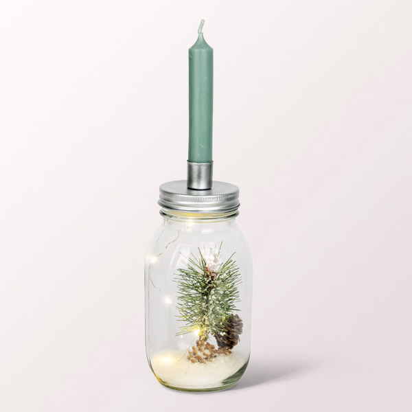 Winterliches Dekoglas mit Kerzenhalter