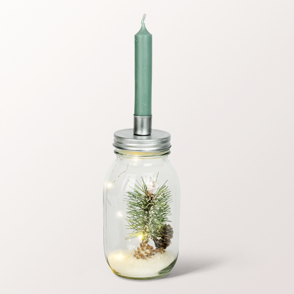 Winterliches Dekoglas mit Kerzenhalter
