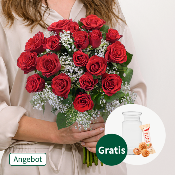 18 rote Rosen mit Schleierkraut mit Vase & Ferrero Giotto 3er