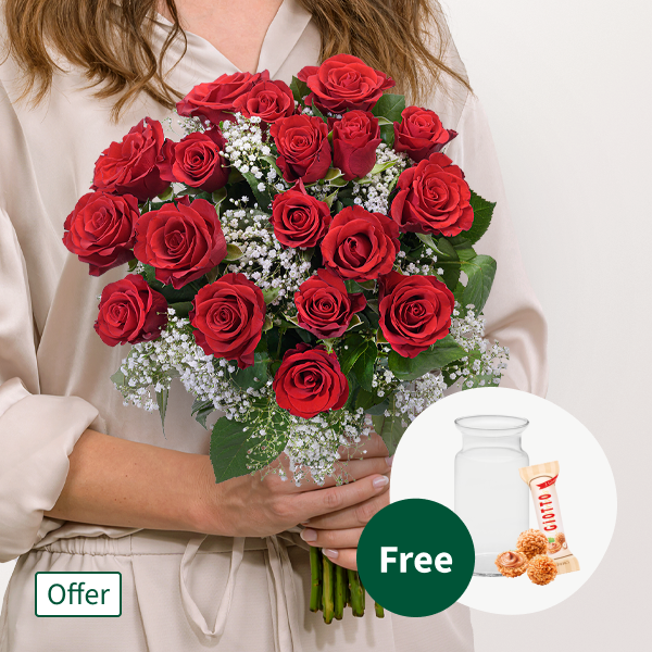 18 Red Roses with Baby's Breath with vase & 3 Ferrero Giotto