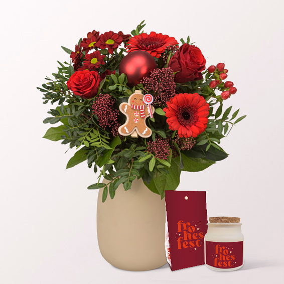 Blumenstrauß Happy Winter with vase & Candle & Mulled Wine Candies