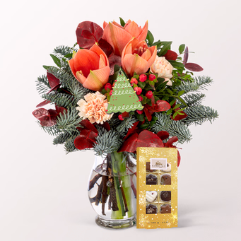 Blumenstrauß Sweet Christmas mit Vase & Blumenstecker & Lauensteiner Spezialitäten