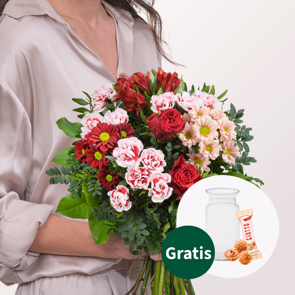 Blumenstrauß Liebesbrise mit Vase & Ferrero Giotto 3er