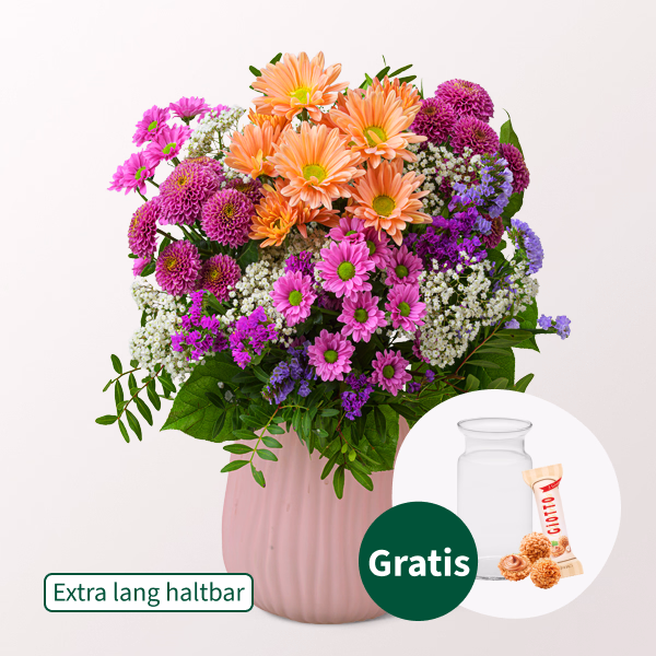 Blumenstrauß Frühlingsglanz mit Vase & Ferrero Giotto