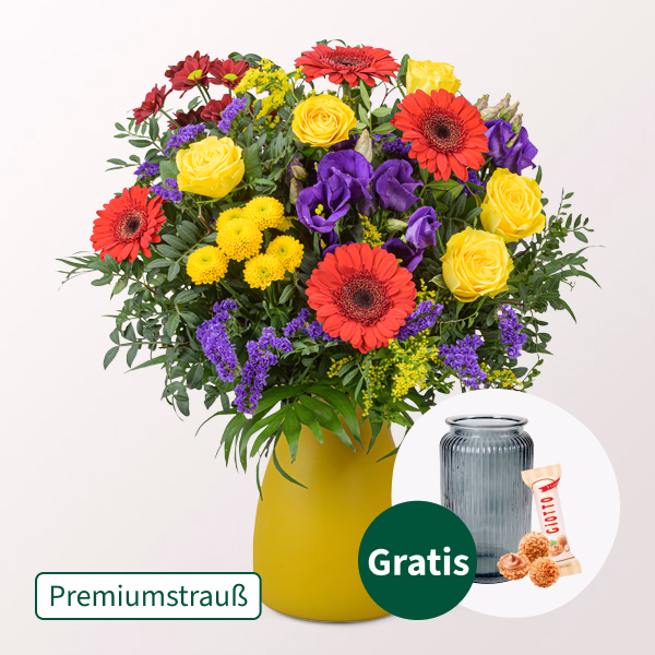 Premiumstrauß Blütenromanze mit Premiumvase & Ferrero Giotto 3er