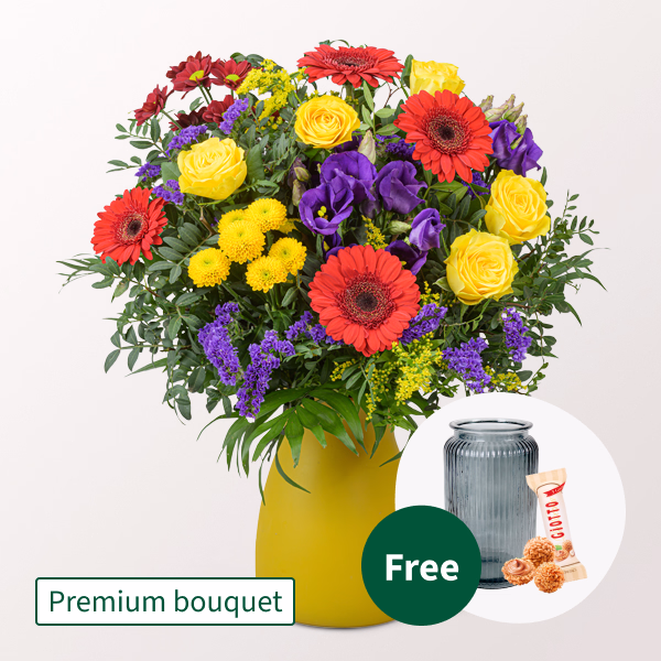 Premium Bouquet Blütenromanze with Premium Vase & 3 Ferrero Giotto