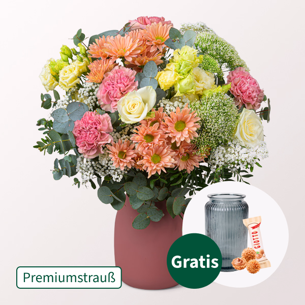 Premiumstrauß Blumenwunder mit Premiumvase & Ferrero Giotto 3er