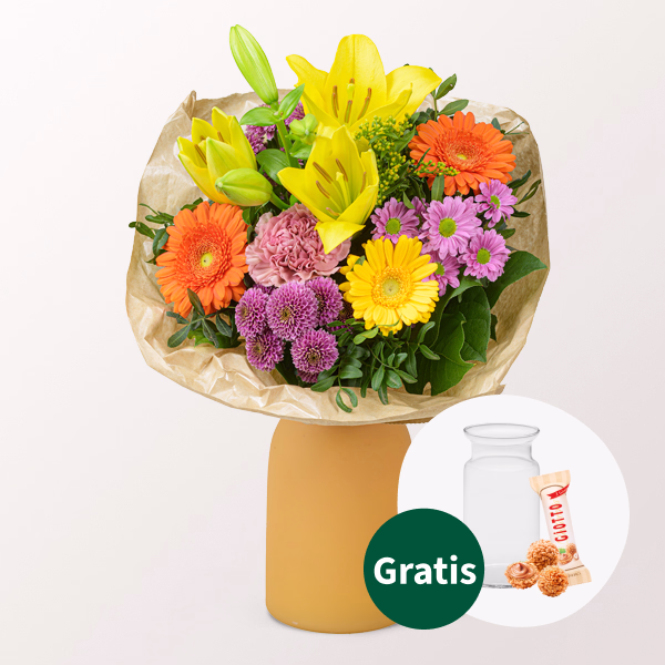 Blumenstrauß Happy Spring mit Vase & Ferrero Giotto 3er