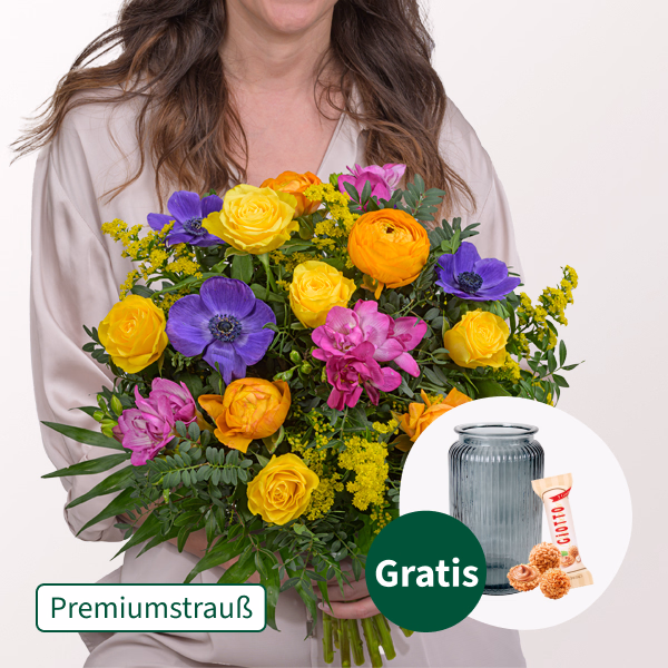 Premiumstrauß Frühlingssensation mit Premiumvase & Ferrero Giotto 3er