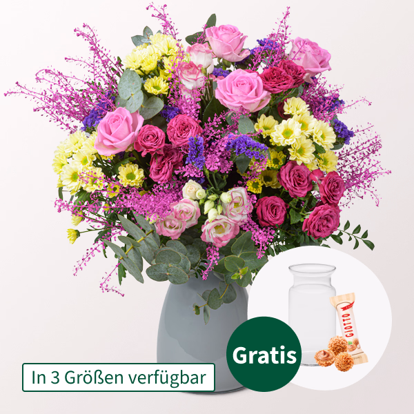 Premiumstrauß Herzlich mit Vase & Ferrero Giotto 3er
