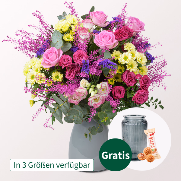 Premiumstrauß Herzlich mit Premiumvase & Ferrero Giotto 3er