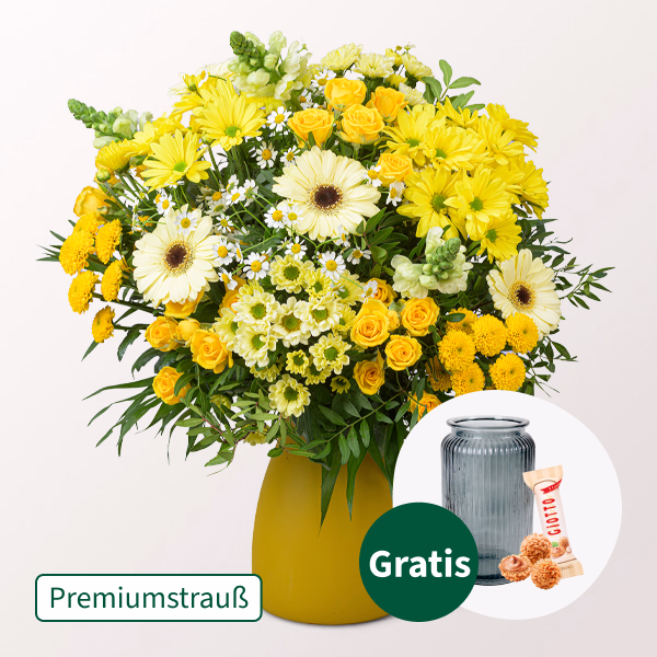 Premiumstrauß Sonnenfest mit Premiumvase & Ferrero Giotto