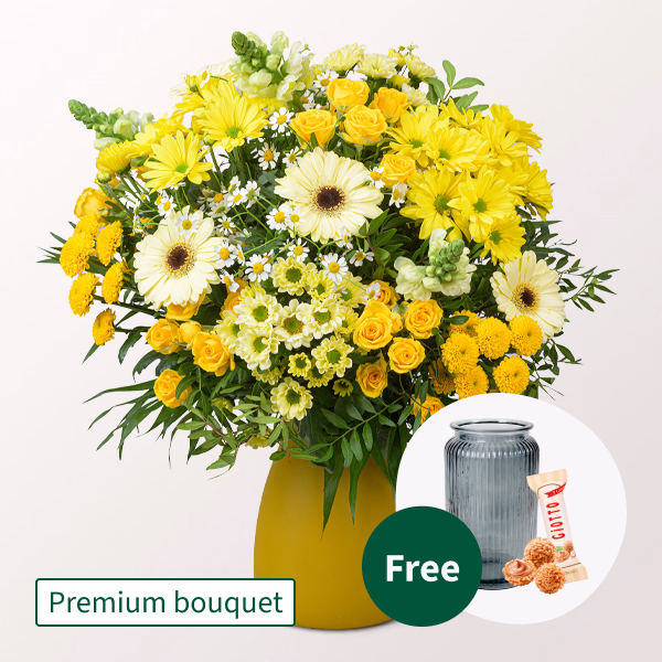 Premium Bouquet Sonnenfest with Premium Vase & Ferrero Giotto