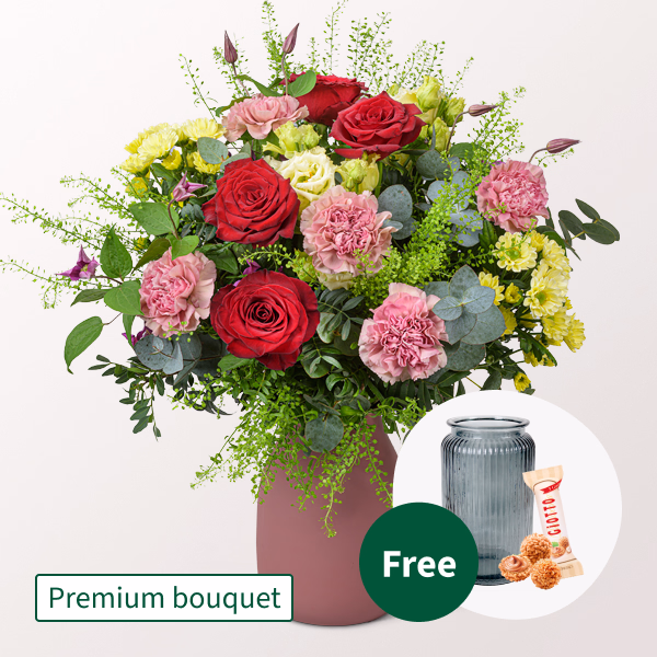 Premium Bouquet Herzensfreude with Premium Vase & 3 Ferrero Giotto