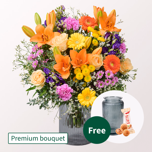 Premium Bouquet Sonnenglück with Premium Vase & 3 Ferrero Giotto