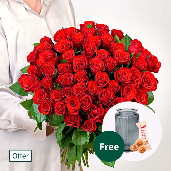 Red Premium Valentine's Day Roses in a Bunch with Premium Vase