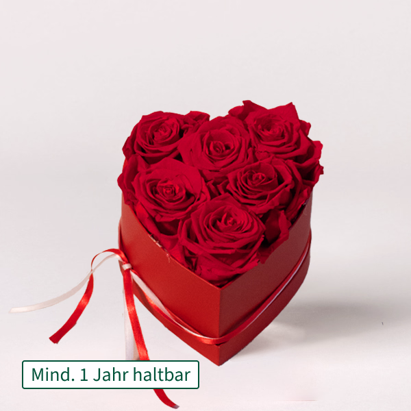 6 rote haltbare Rosen in herzförmiger Schachtel