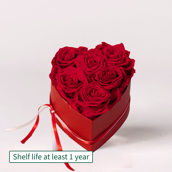 6 long-lasting red roses in a heart-shaped box