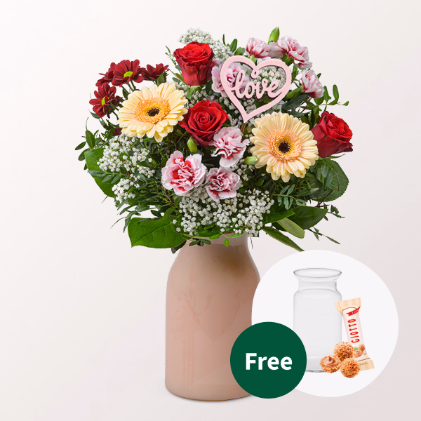 Flower Bouquet Herzenswunsch with vase & 3 Ferrero Giotto