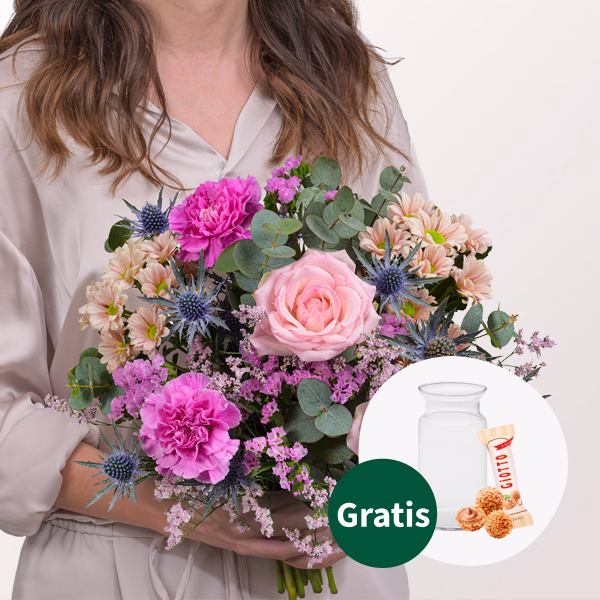Blumenstrauß Lovely mit Vase & Ferrero Giotto 3er