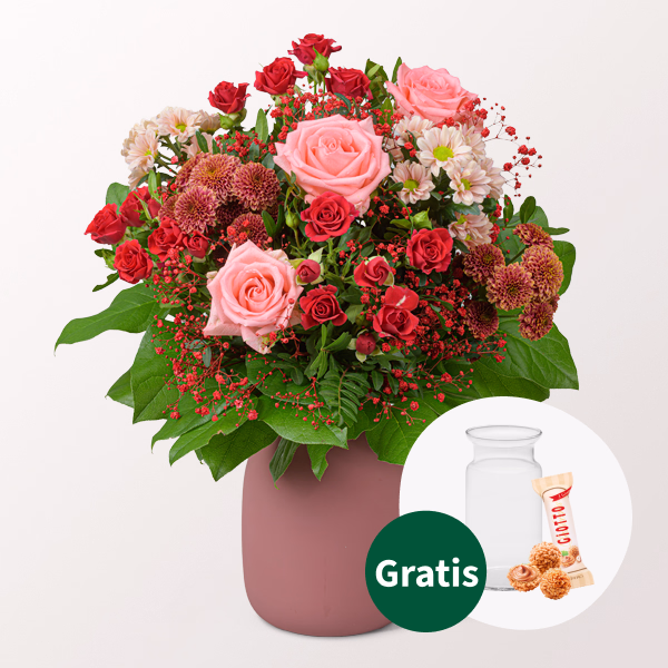 Blumenstrauß Rosentraum mit Vase & Ferrero Giotto 3er