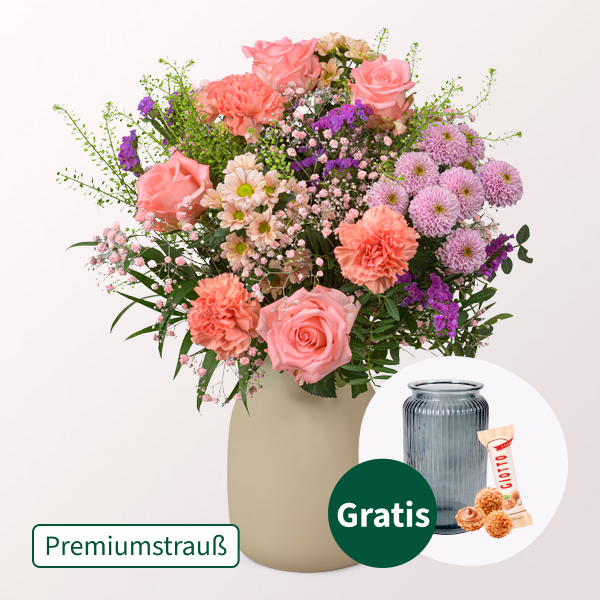 Premiumstrauß Fabelhaft mit Premiumvase & Ferrero Giotto 3er