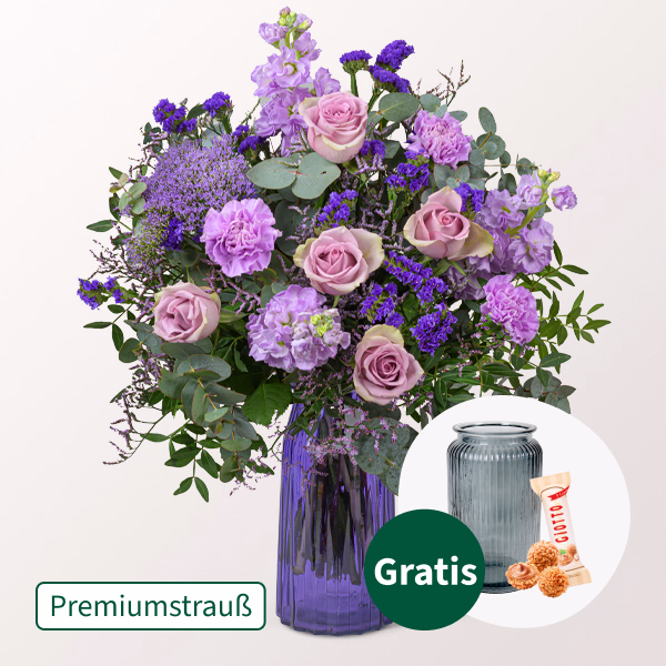 Premiumstrauß Liebesgruß mit Premiumvase & Ferrero Giotto 3er