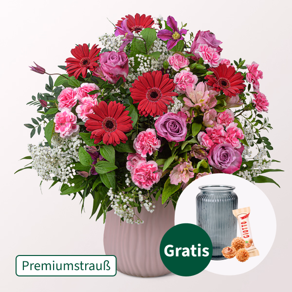 Premiumstrauß Liebeszauber mit Premiumvase & Ferrero Giotto 3er