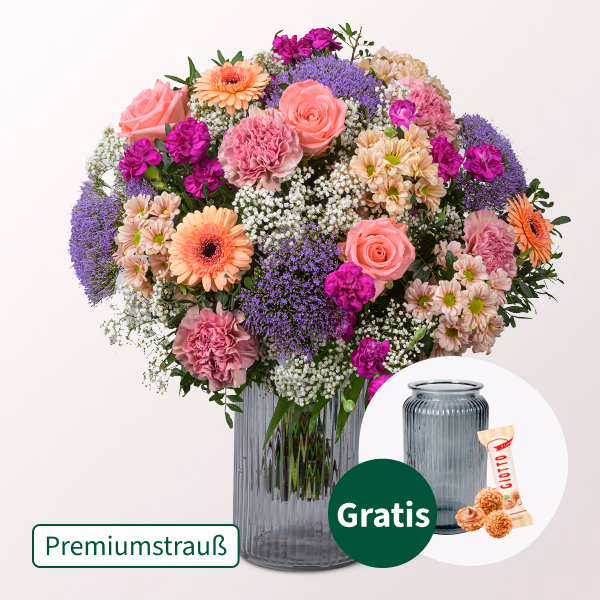 Premiumstrauß Sweet Heart mit Premiumvase & Ferrero Giotto 3er