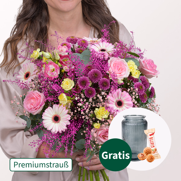 Premiumstrauß Verträumt mit Premiumvase & Ferrero Giotto 3er