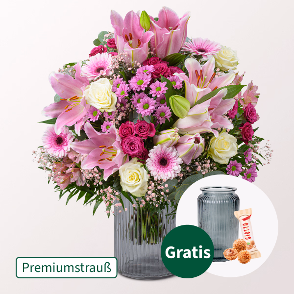 Premiumstrauß Inspiration mit Premiumvase & Ferrero Giotto 3er