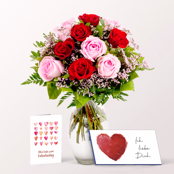 Rosenstrauß Harmony mit Vase & Merci & Motivkarte