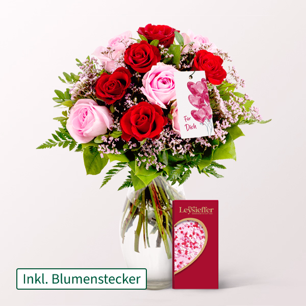 Rosenstrauß Harmony mit Vase & Blumenstecker & Herzschokolade