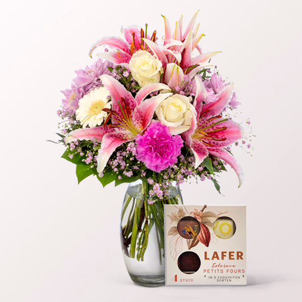 Blumenstrauß Glücksmoment mit Vase & Petit Fours