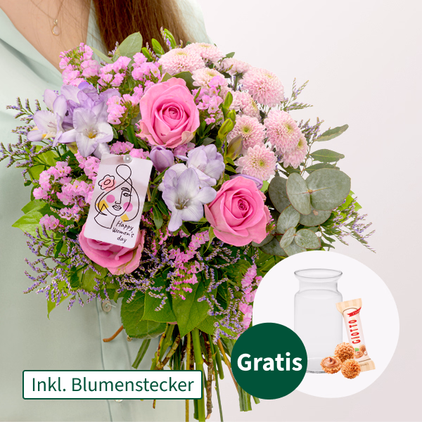 Blumenstrauß Zauberhaft mit Vase & Ferrero Giotto 3er & Blumenstecker