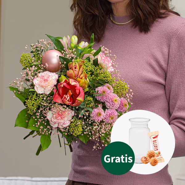 Blumenstrauß Winterglühen mit Vase & Ferrero Giotto 3er