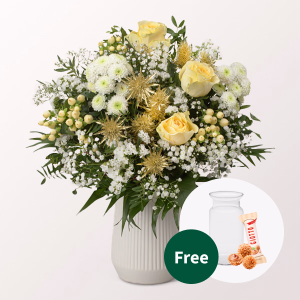 Flower Bouquet Goldschimmer with vase & 3 Ferrero Giotto
