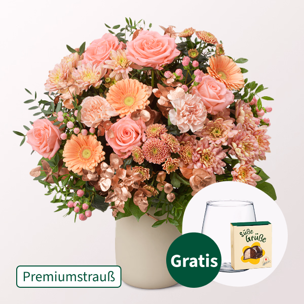 Premiumstrauß Peachy Christmas mit Premiumvase & Halloren Kugeln
