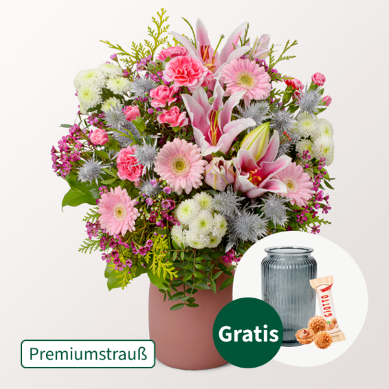 Premiumstrauß Rosa Glanz mit Premiumvase