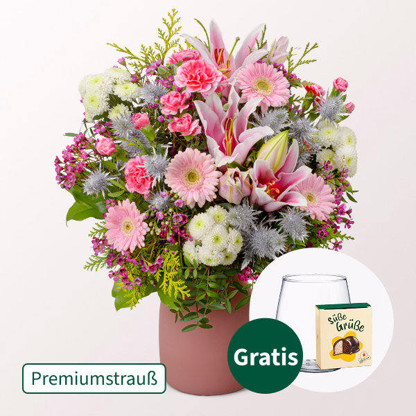 Premiumstrauß Rosa Glanz mit Premiumvase & Halloren Kugeln
