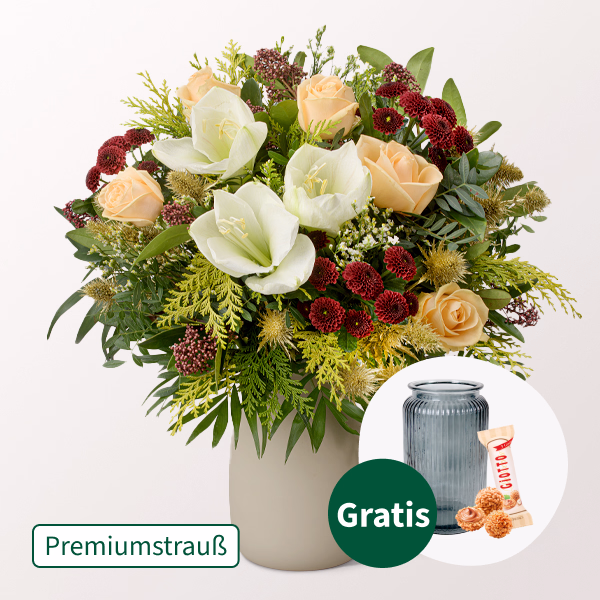 Premiumstrauß Vorfreude mit Premiumvase & Ferrero Giotto 3er
