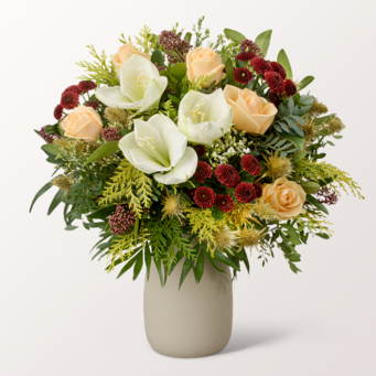 Premiumstrauß Vorfreude mit Premiumvase & Ferrero Giotto 3er Premiumstrauß Vorfreude mit Premiumvase & Ferrero Giotto 3er