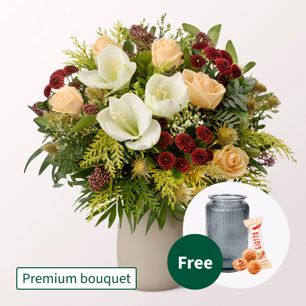 Premium Bouquet Vorfreude with Premium Vase & 3 Ferrero Giotto