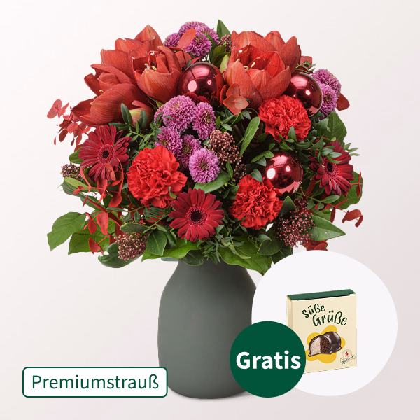Premiumstrauß Winterblüte mit Premiumvase & Halloren Kugeln