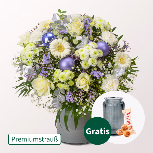 Premiumstrauß Schneezauber mit Premiumvase & Ferrero Giotto 3er