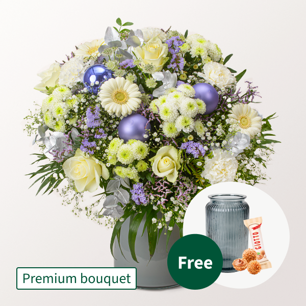 Premium Bouquet Schneezauber with Premium Vase & 3 Ferrero Giotto