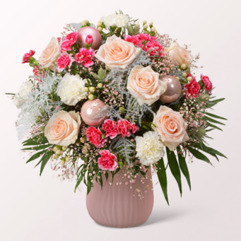 Premiumstrauß Oh du fröhliche mit Premiumvase & Halloren Kugeln
